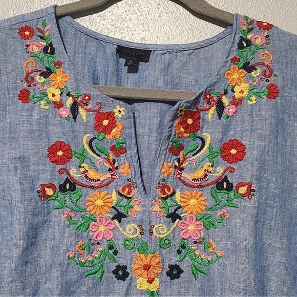TALBOTS S/S Linen Blend Floral Embroidered Tie Sleeve Chambray Blouse SZ… - Picture 3 of 7